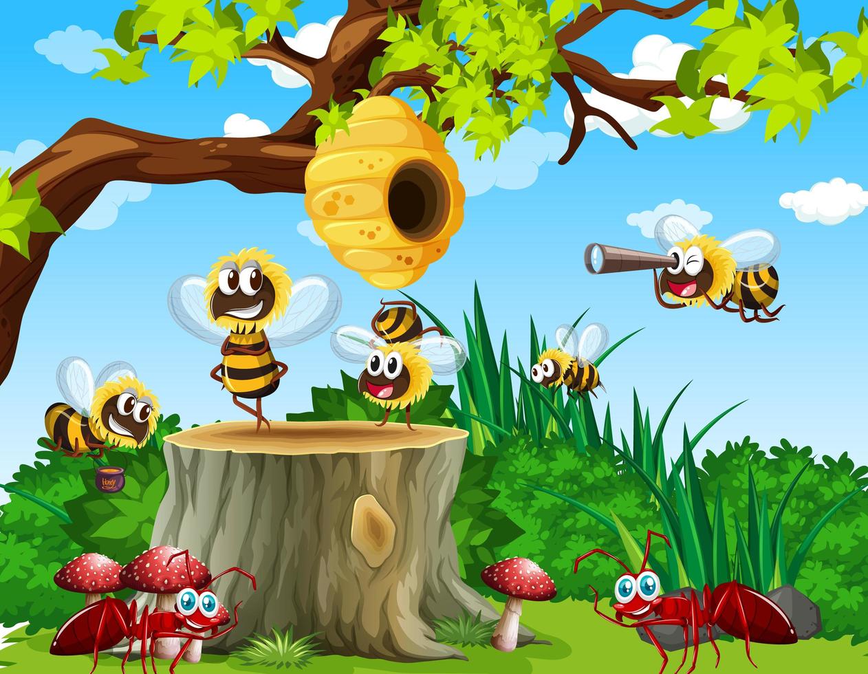 Many bees and ants living in the garden scene with honeycomb vector