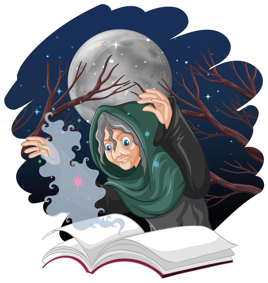 Old witch with spell and book  vector