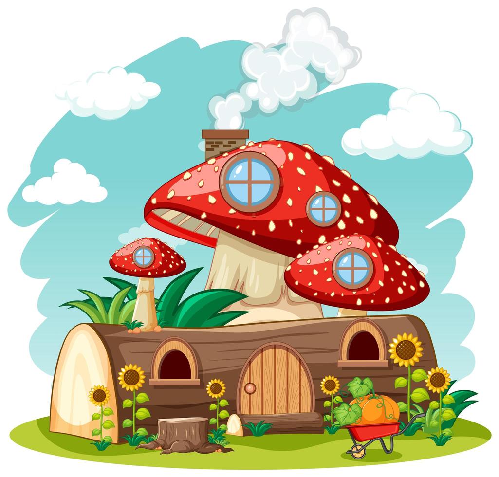 Timber mushroom house and in the garden cartoon style on sky background vector