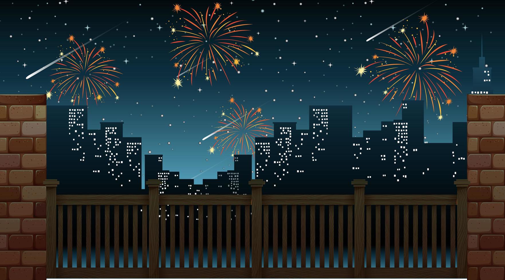 paisaje urbano con fuegos artificiales de celebración vista desde el puente vector