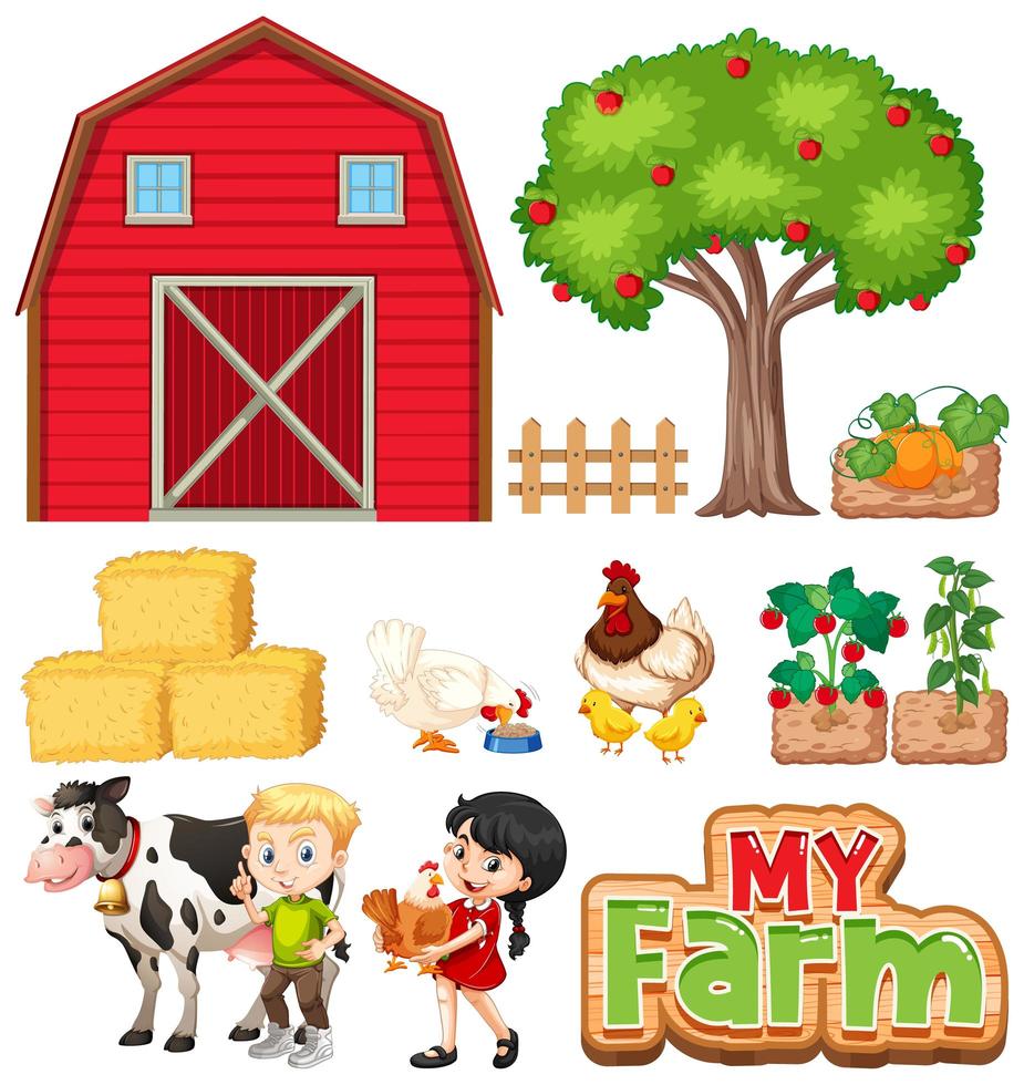 Set of farm animals and barn  vector