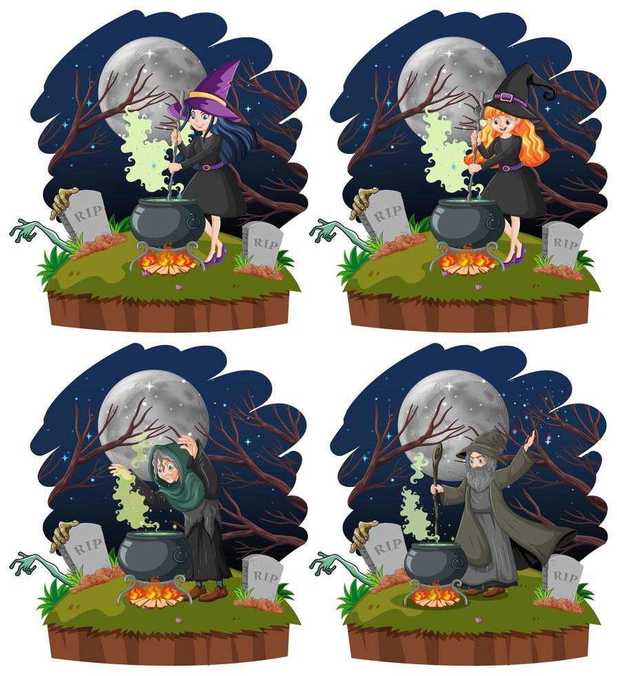 Set of witches with black magic pot  vector