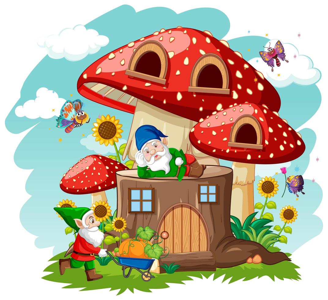 Gnomes and stump mushroom house vector
