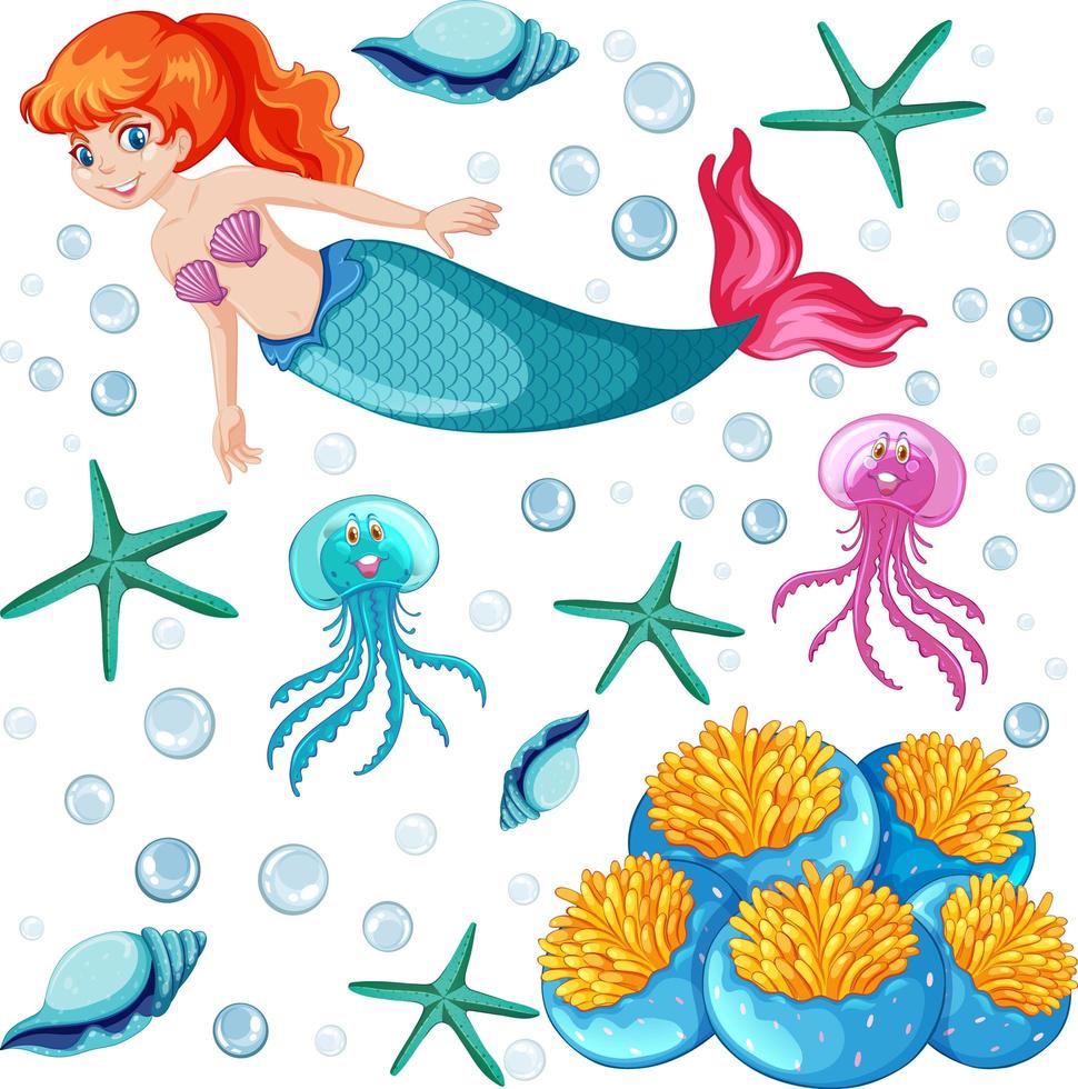 Set of mermaid and sea animal  vector