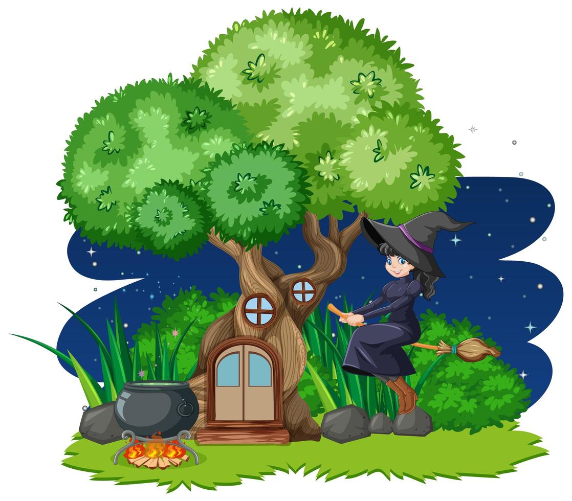 Witch riding broomstick beside tree house  vector