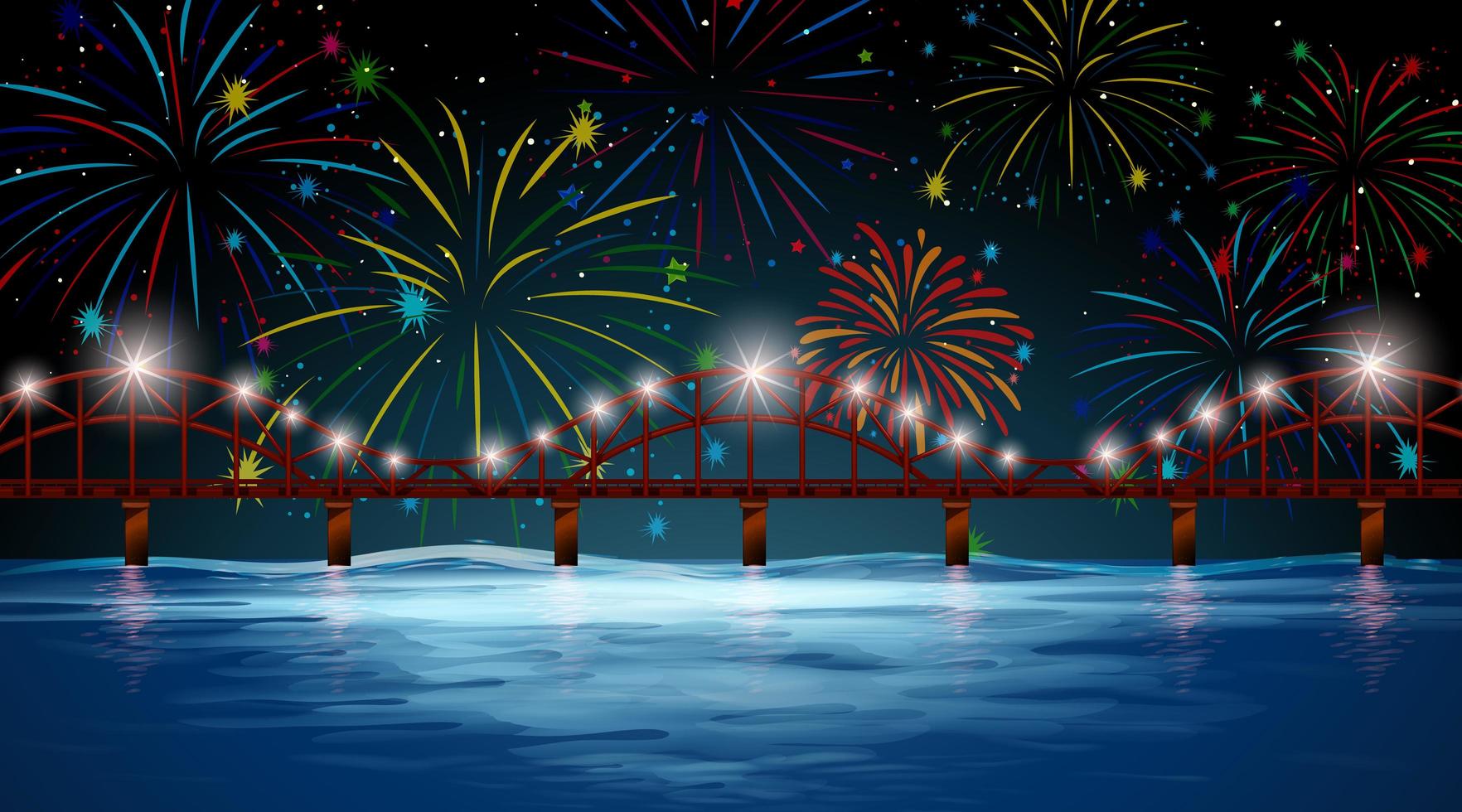 River scene with celebration fireworks  vector