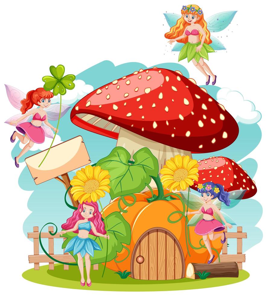 Fairy tales holding flower and mushroom house  vector