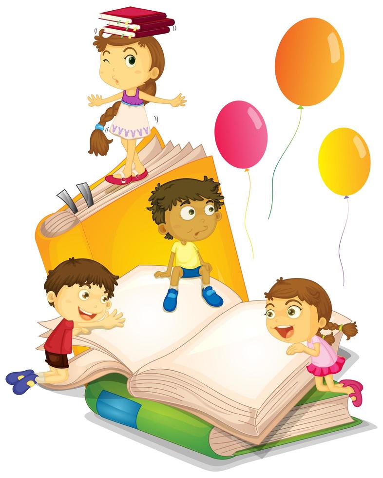 Children having fun with big books vector