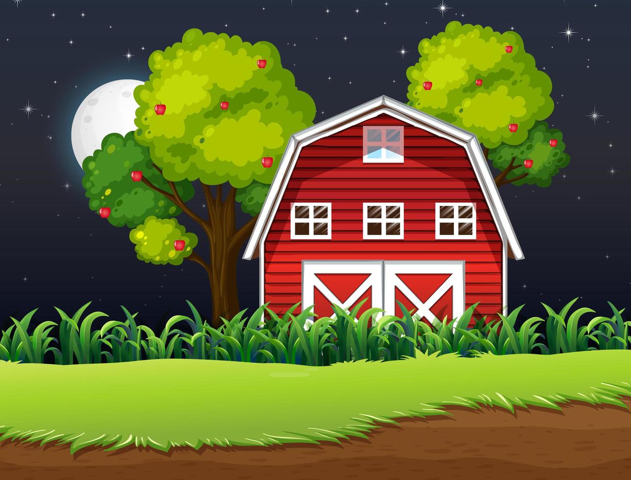Farm scene with barn and apple tree at night vector