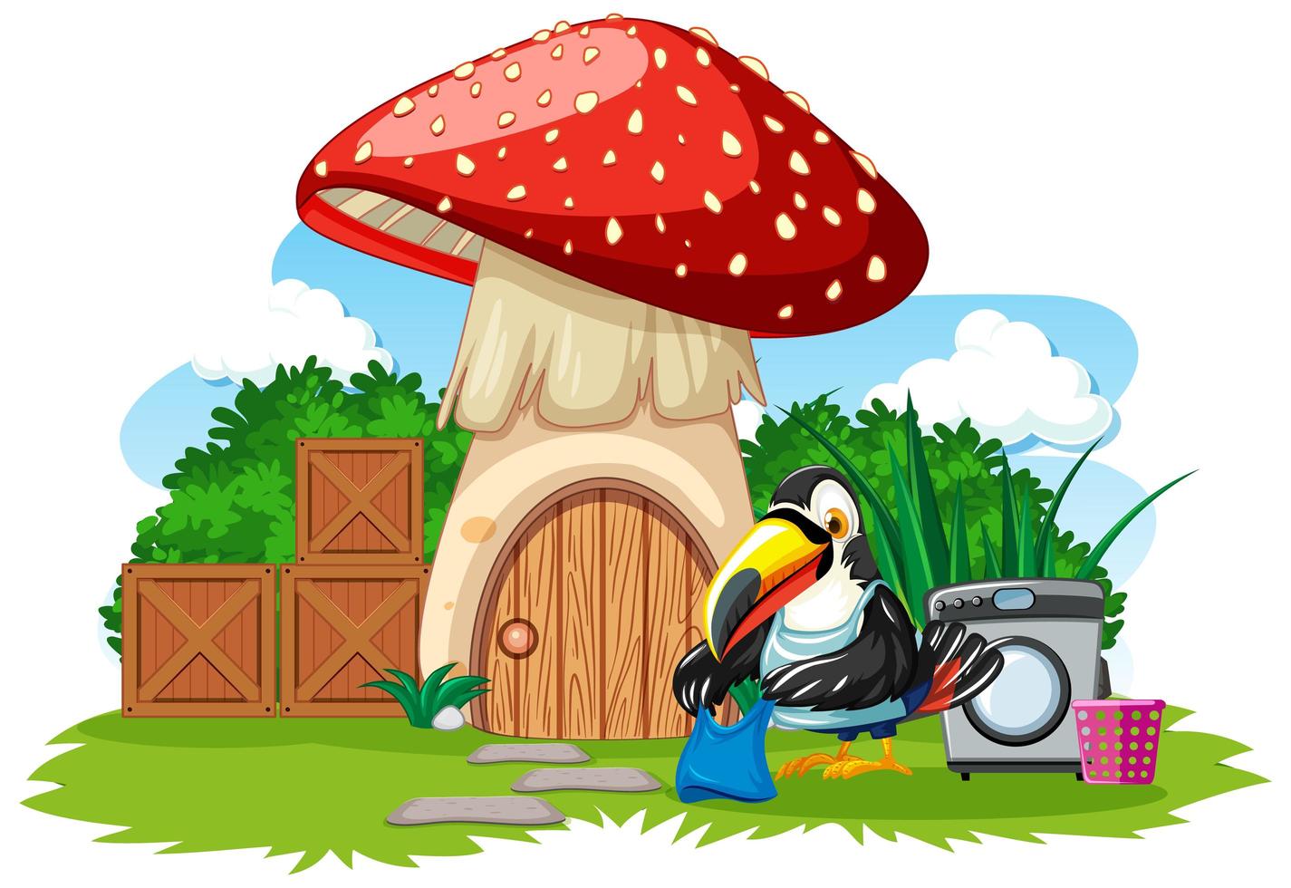Mushroom house with cute bird  vector