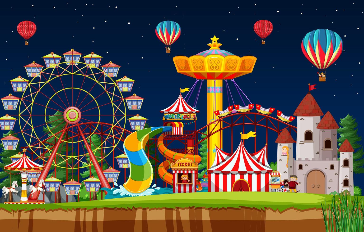 Amusement park scene at night with balloons in the sky vector