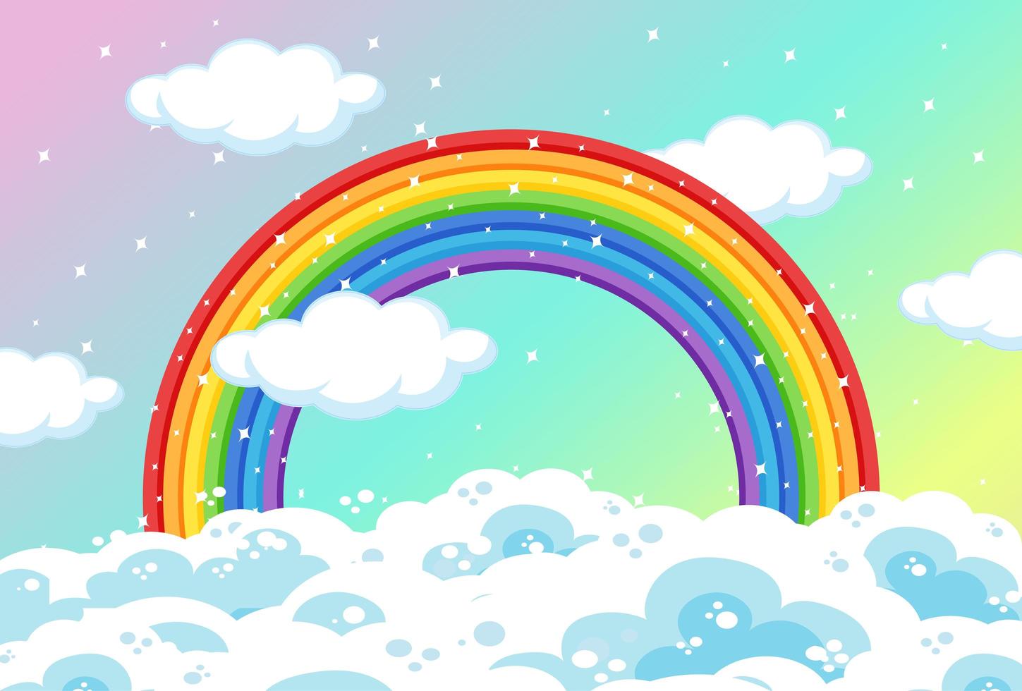 Rainbow with clouds and glitter on pastel sky vector