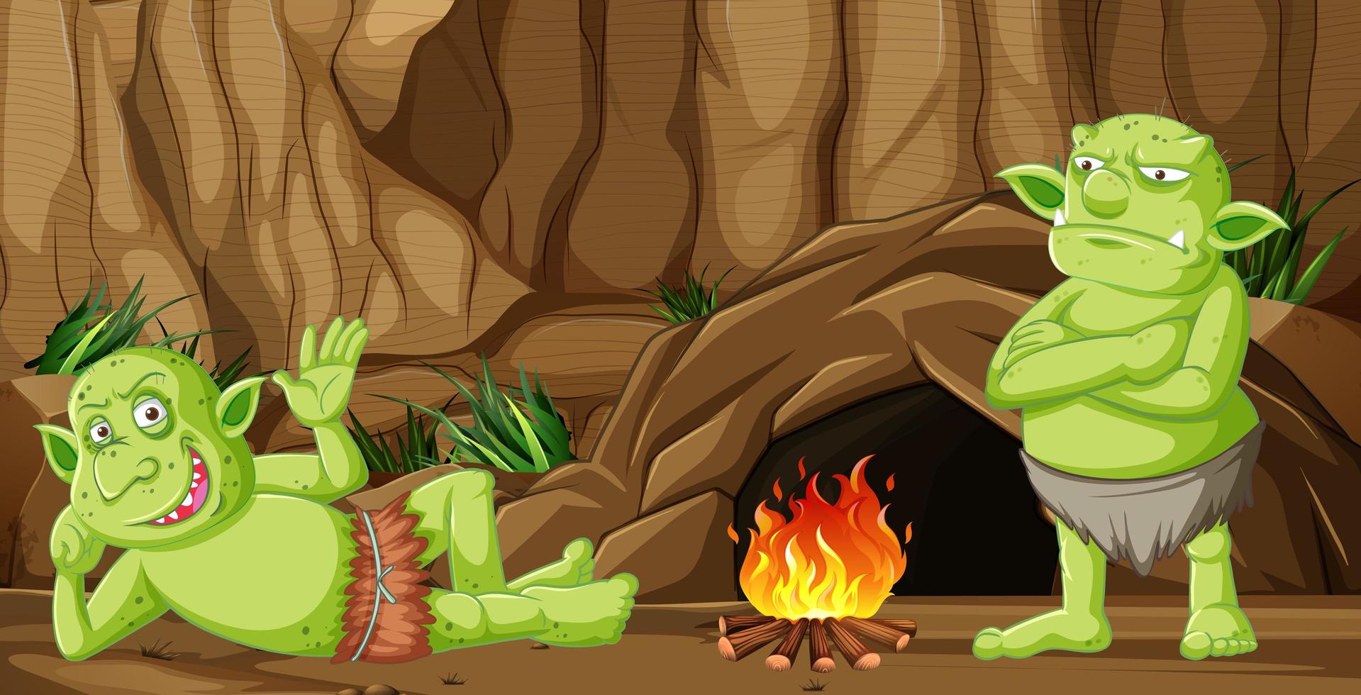 duendes o trolls con casa cueva vector