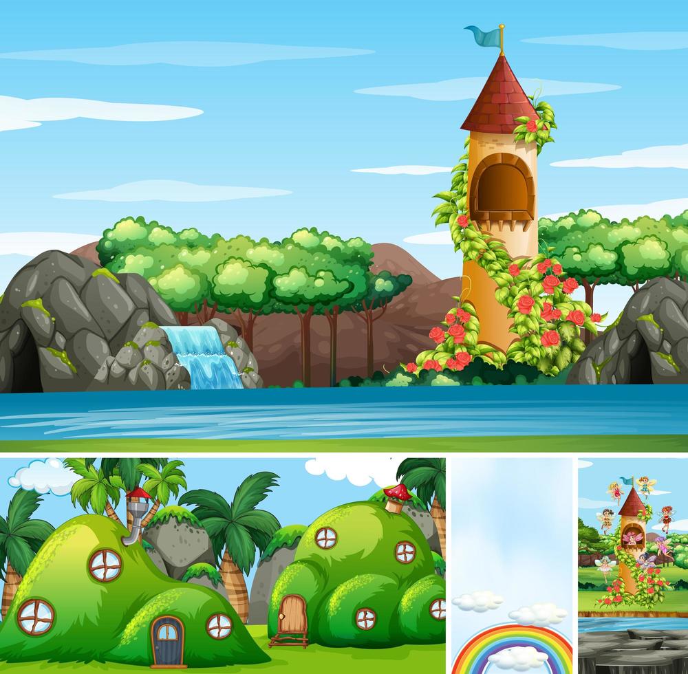 Four different scene of fantasy worlds vector