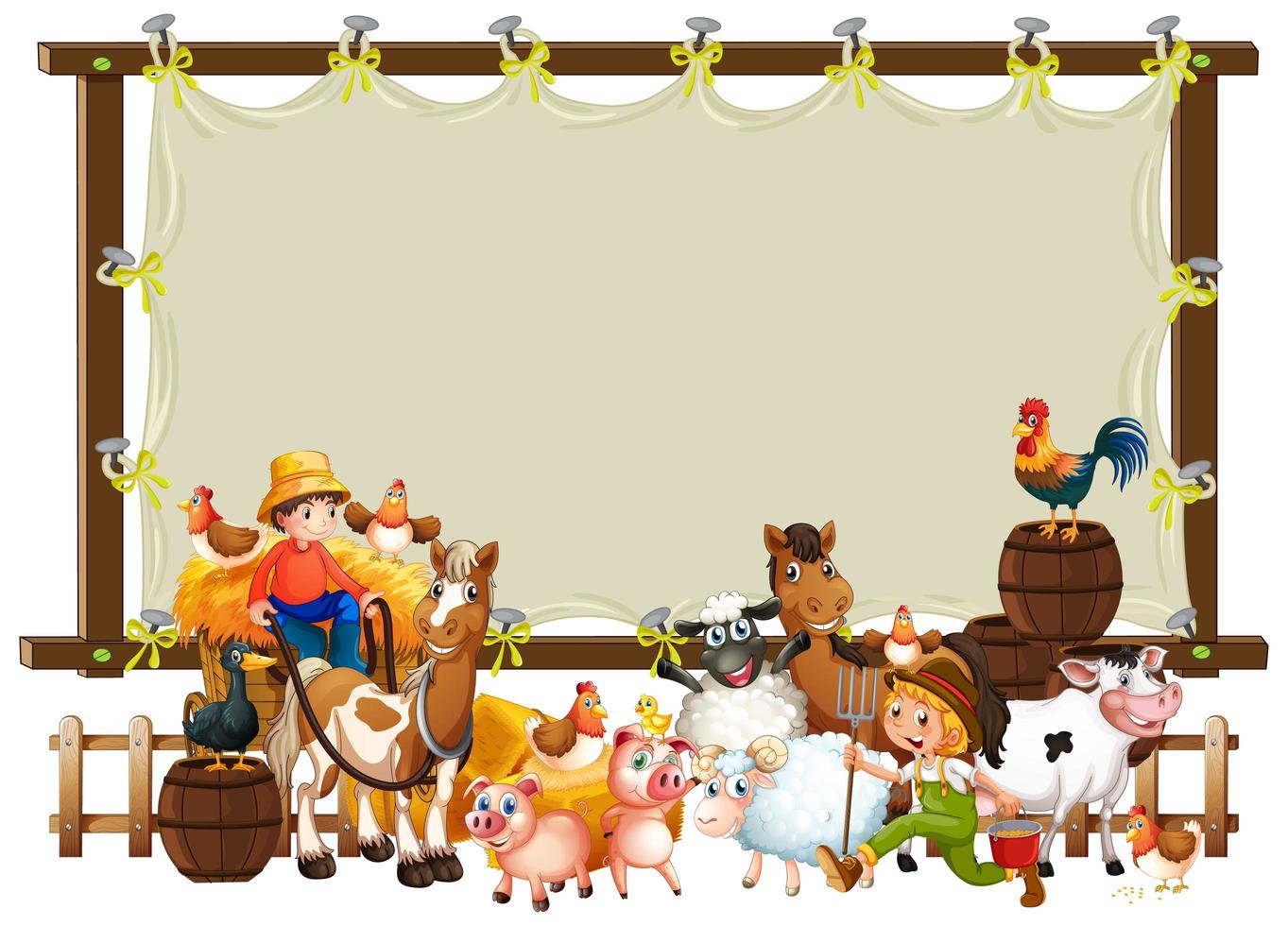 Canvas wooden frame with animal farm set  vector