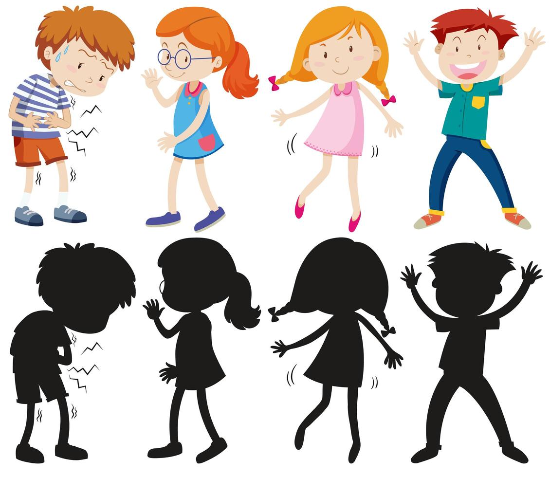 Set of different kids with silhouettes vector