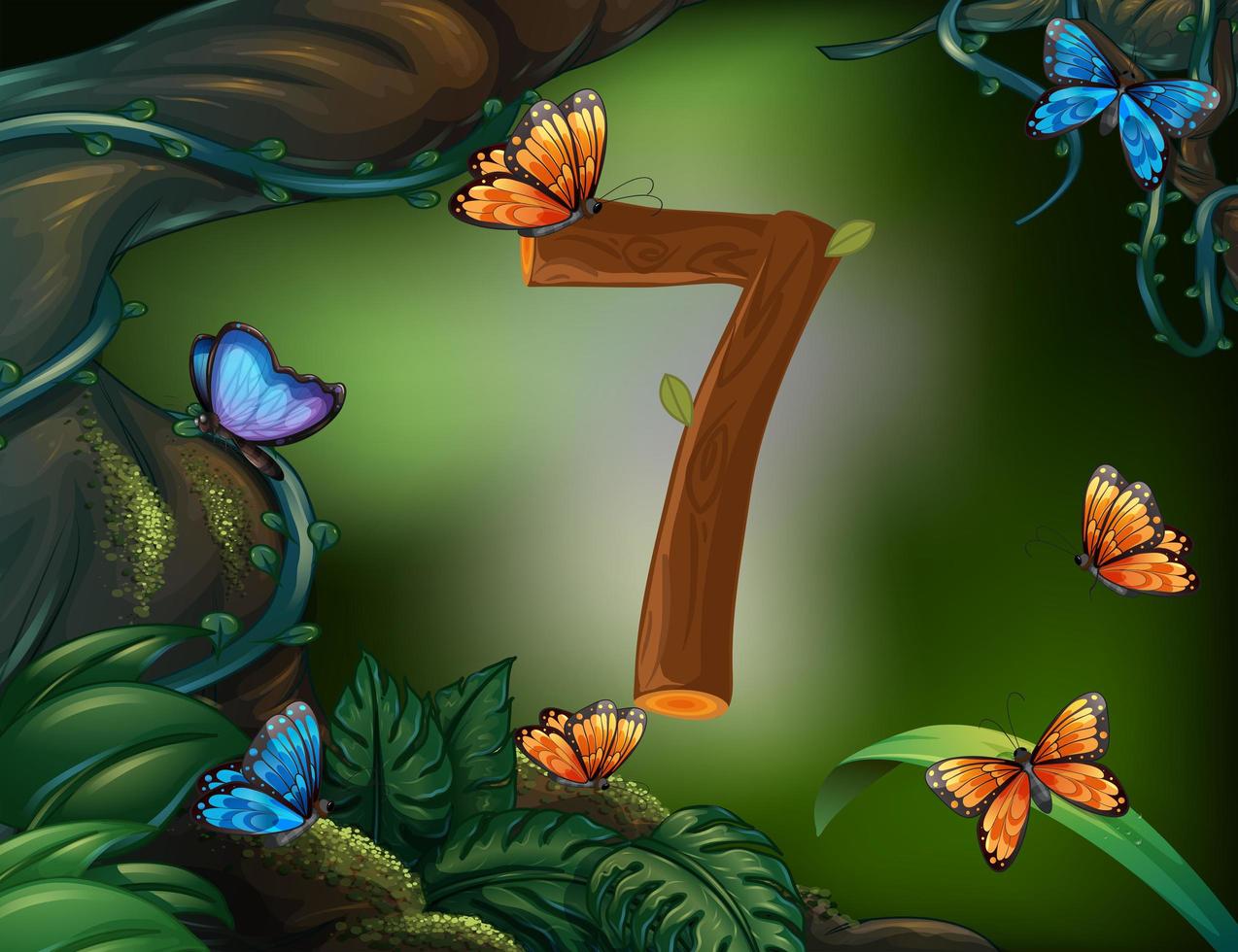 número siete con 7 mariposas en el jardín vector