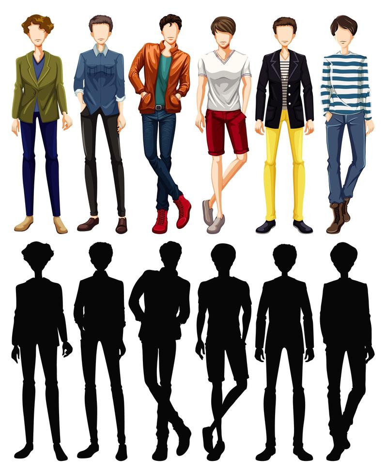 conjunto de personaje masculino con siluetas vector