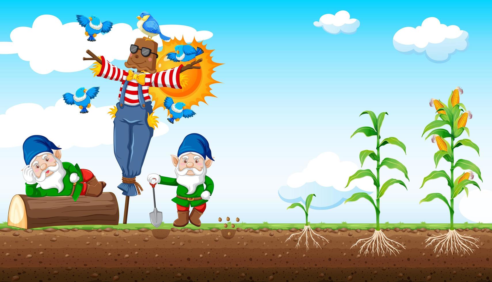 Gnomes and scarecrow cartoon style vector