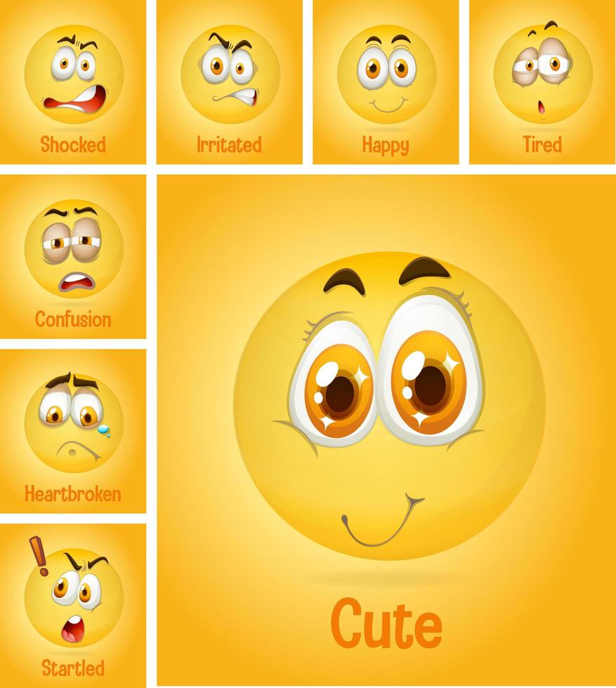 conjunto de diferentes caras emoji sobre fondo amarillo vector