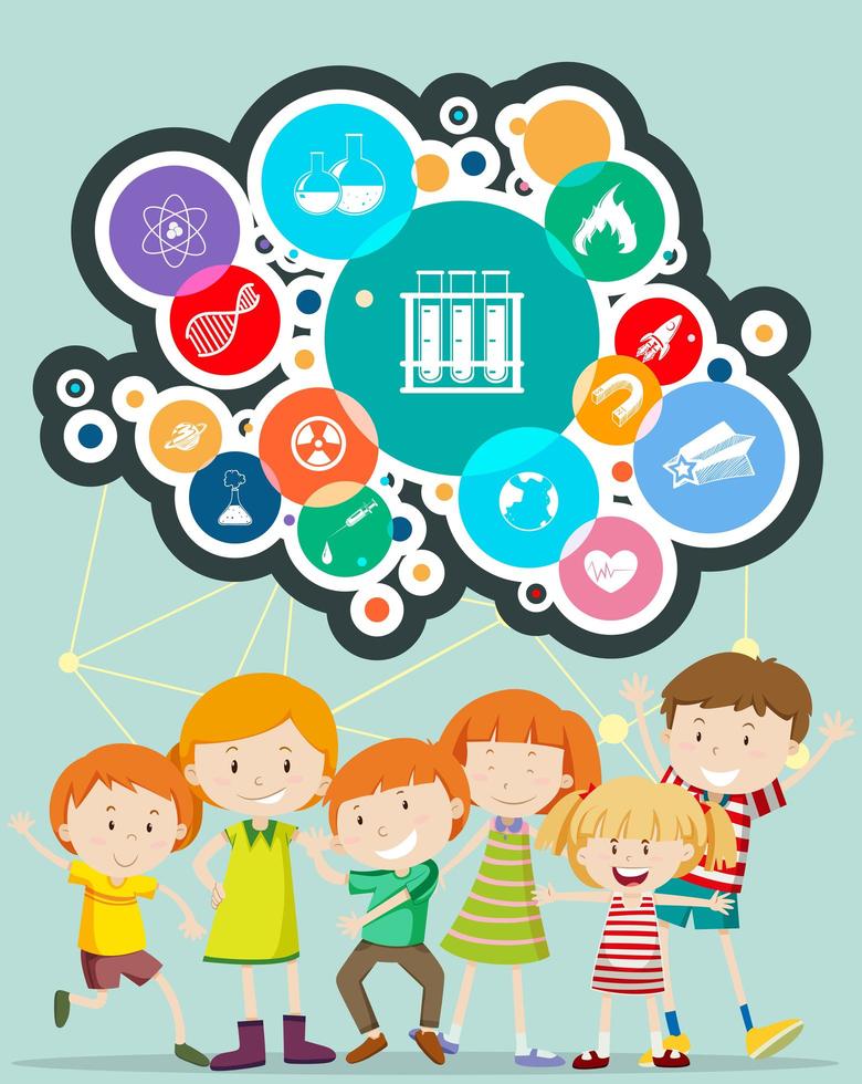 Cute boys and girls with science symbols vector
