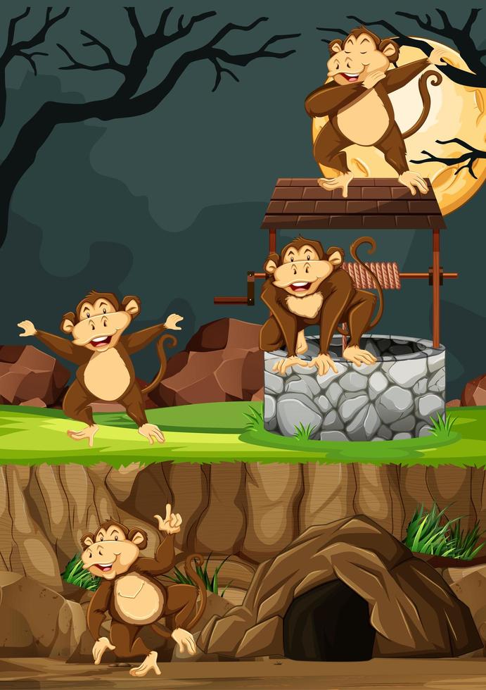 Monkeys group in many poses in animal park vector