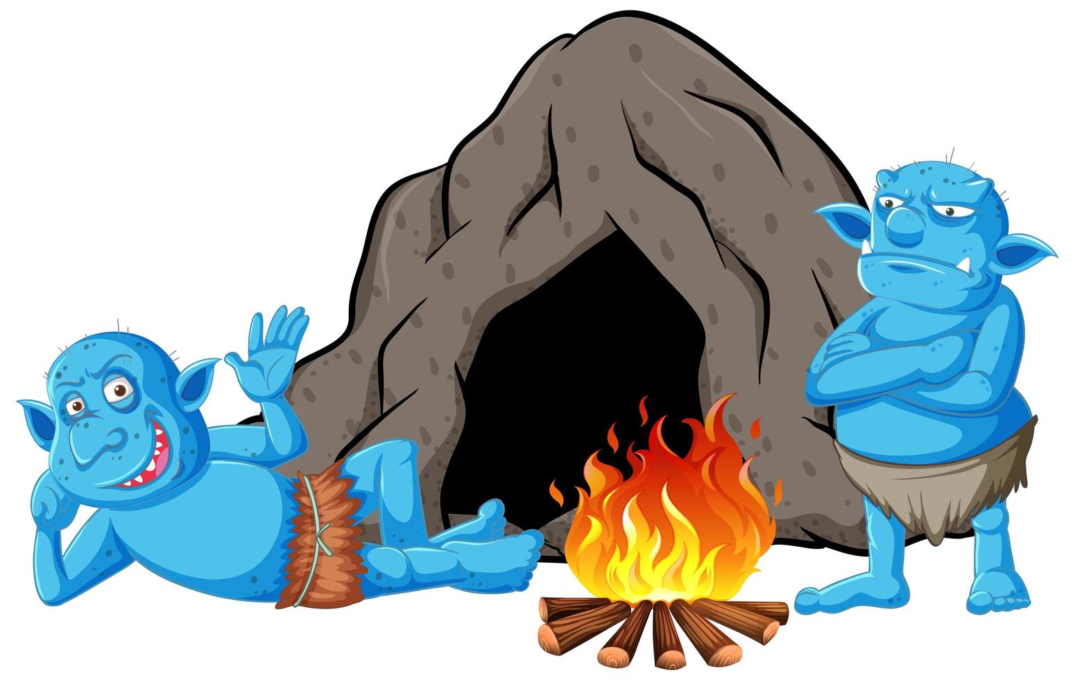 Goblins or trolls with cave house and campfire  vector