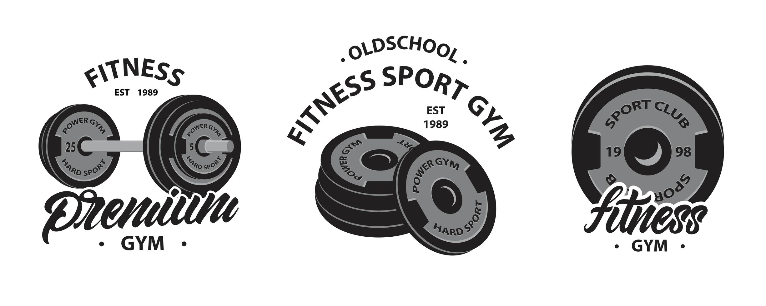 Set of Bodybuilding, Fitness Logos with Weightlifting Barbell vector