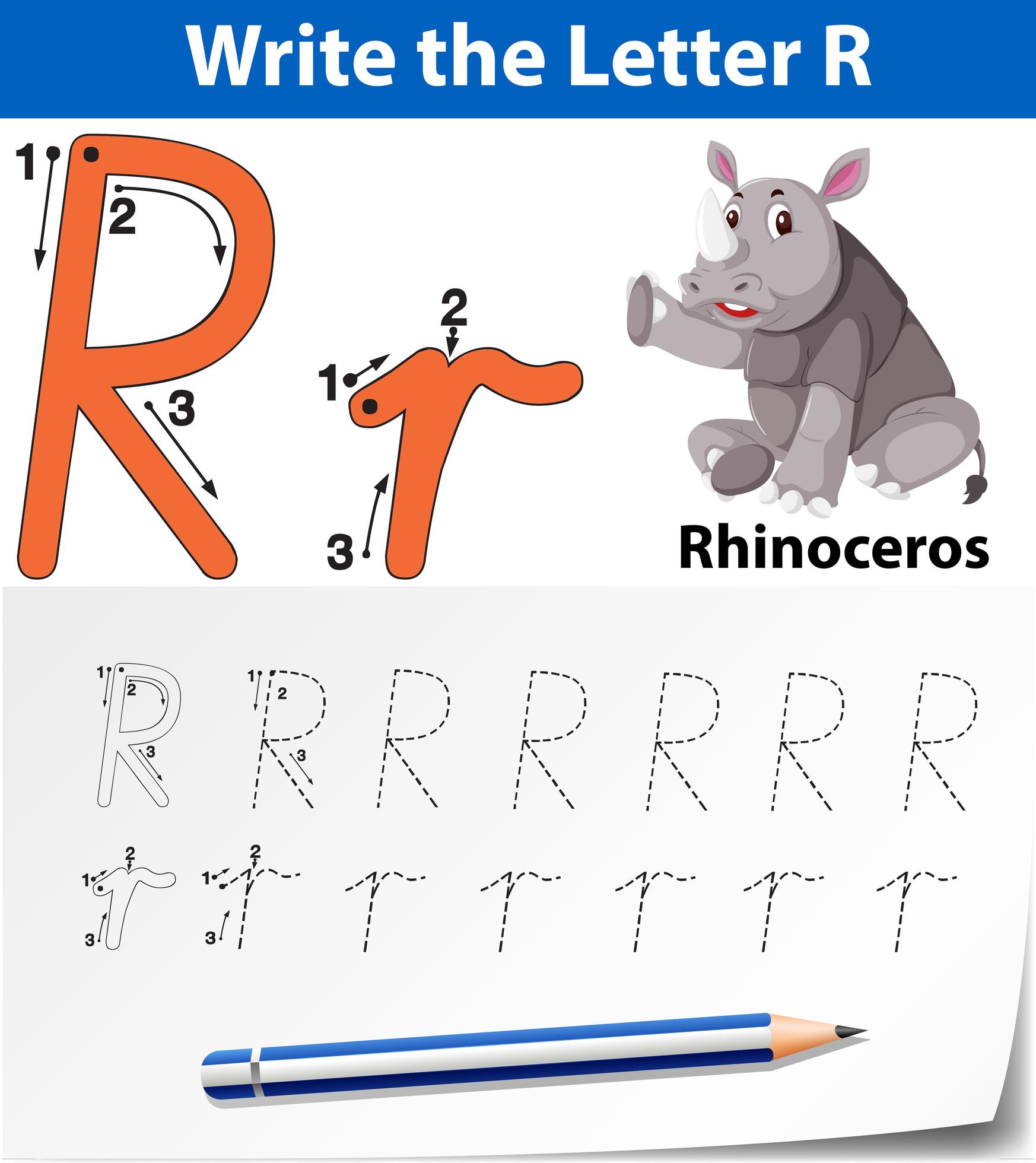 Letter R tracing alphabet worksheet with rhino 1343575 Vector Art at
