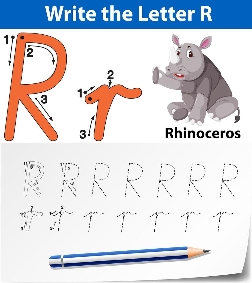 Letter R tracing alphabet worksheet with rhino vector