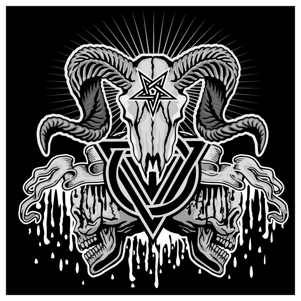 Grunge ram skull with trinity symbol and pentagram vector