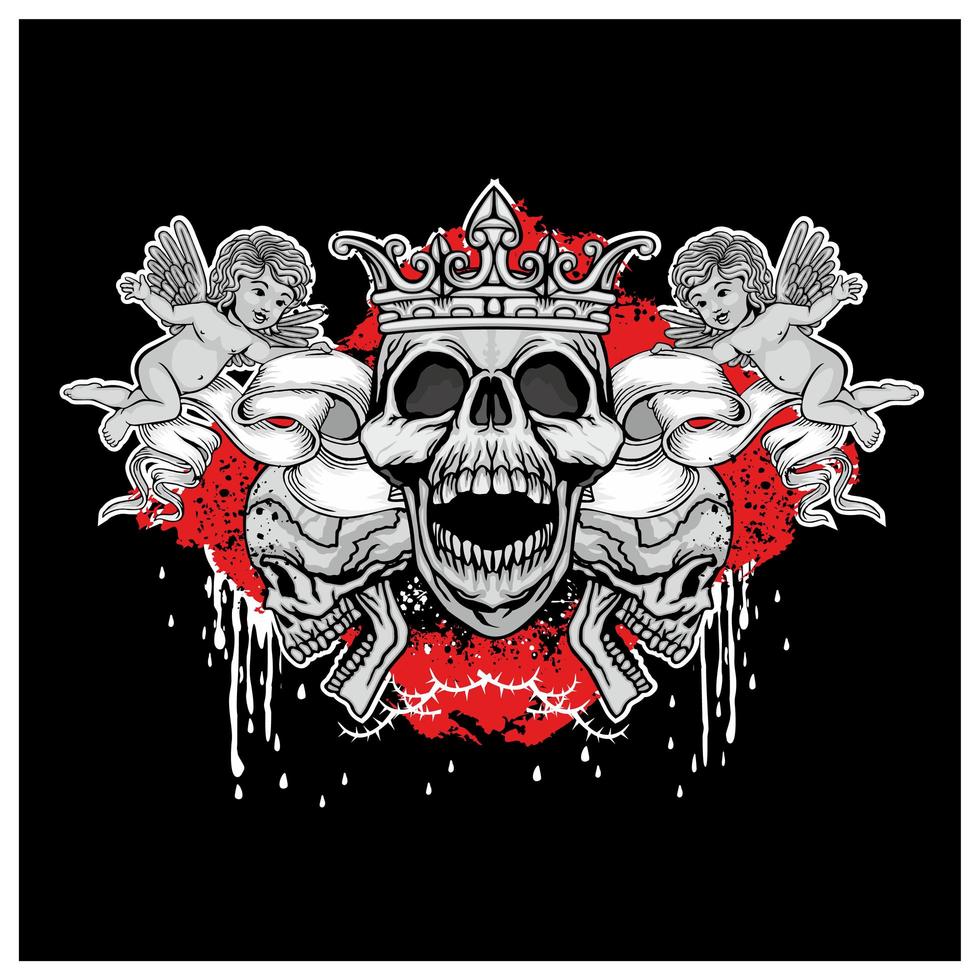 Grunge skull with crown and angels design vector