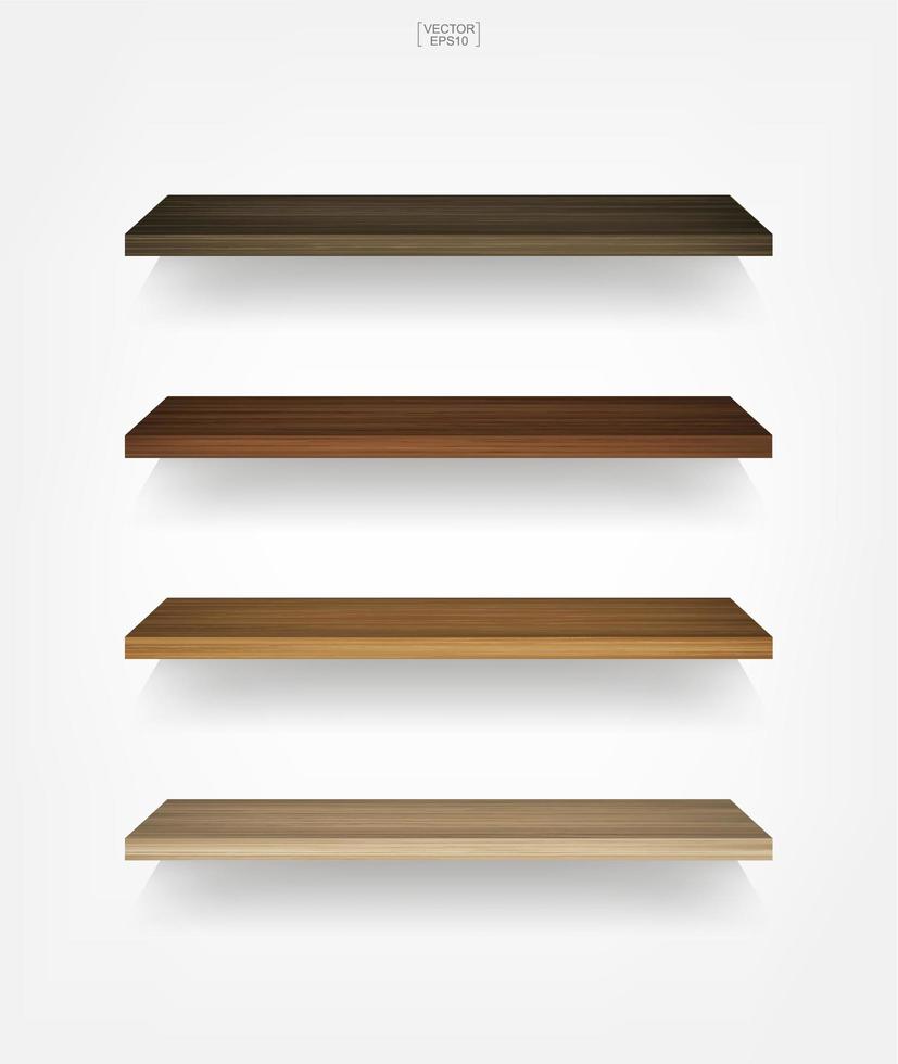Multi-colored empty wood shelves on white vector