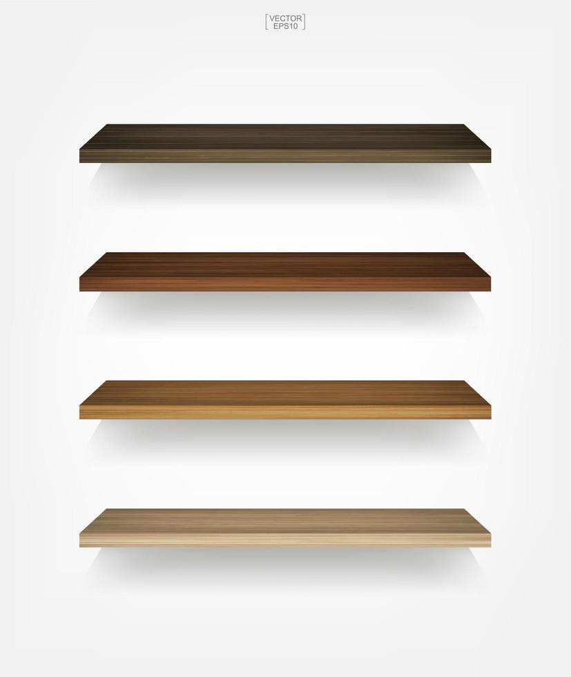 Multi-colored empty wood shelves on white vector