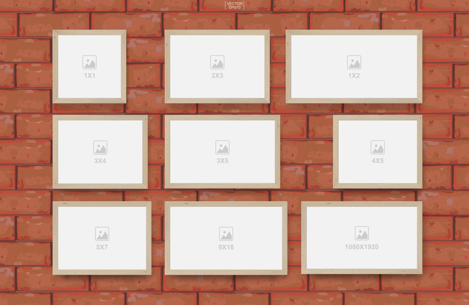 Empty photo frame set on red brick wall texture vector