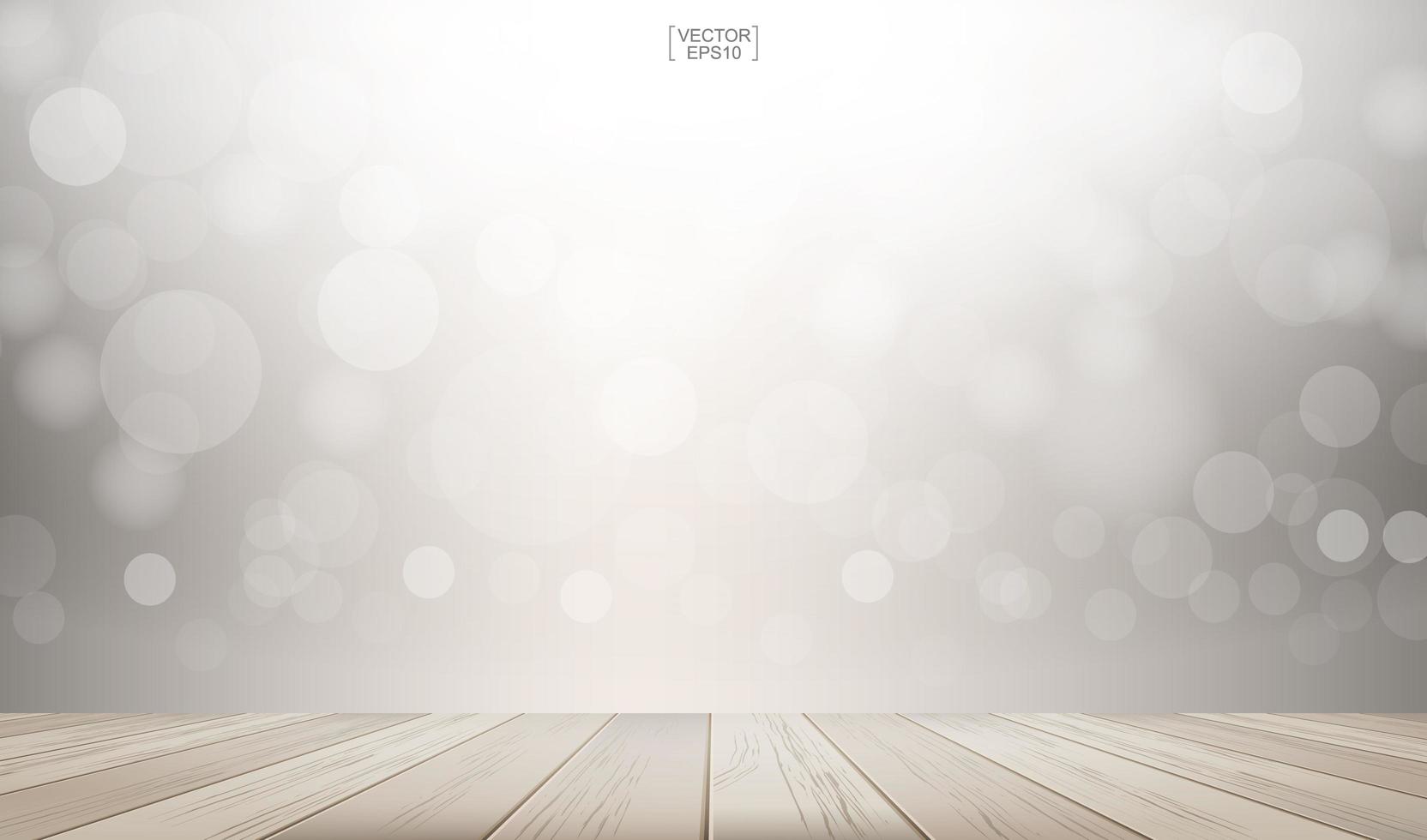 Perspectiva de tablones de madera y bokeh gris vector