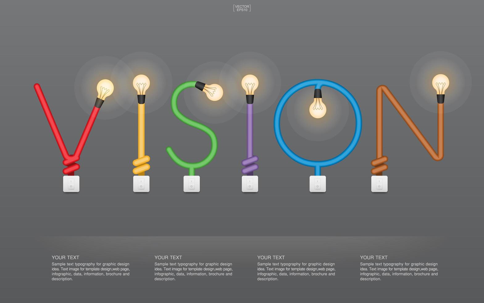 Colorful vision text made of light bulbs and switches vector
