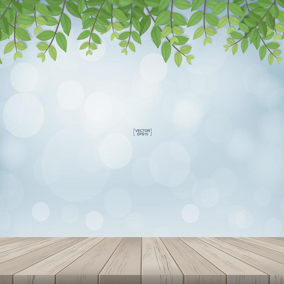 Wooden terrace with framing of green leaves vector