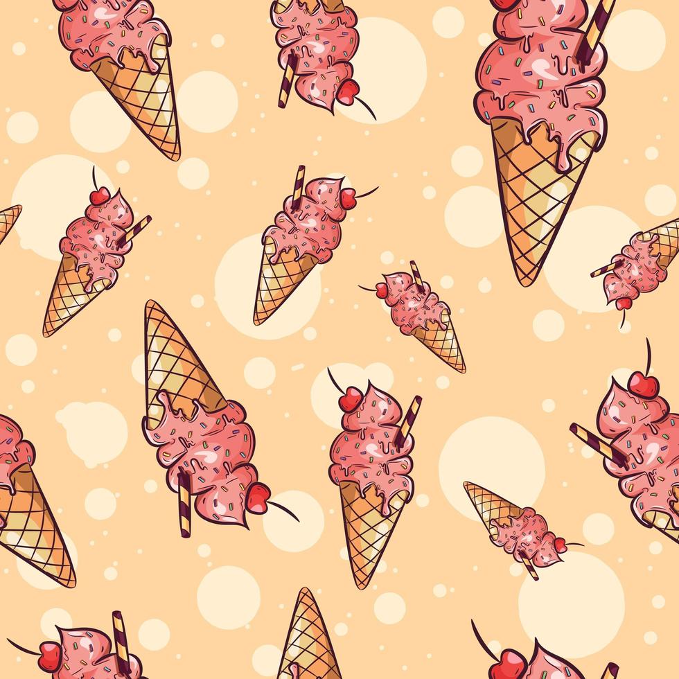 Ice cream cones with fruit and sprinkles seamless pattern vector