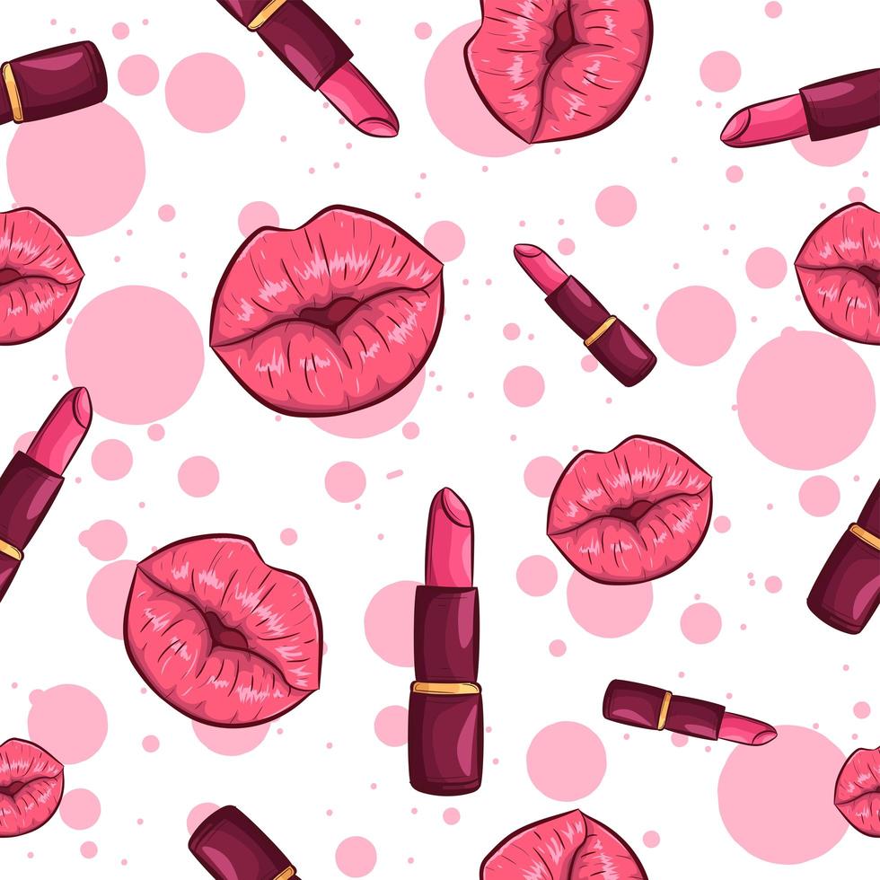 patrón transparente rosa con labios y lápiz labial. vector