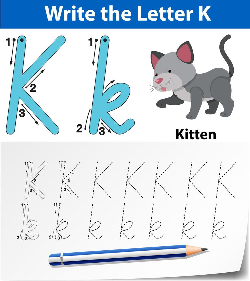 Letter K tracing alphabet worksheet vector