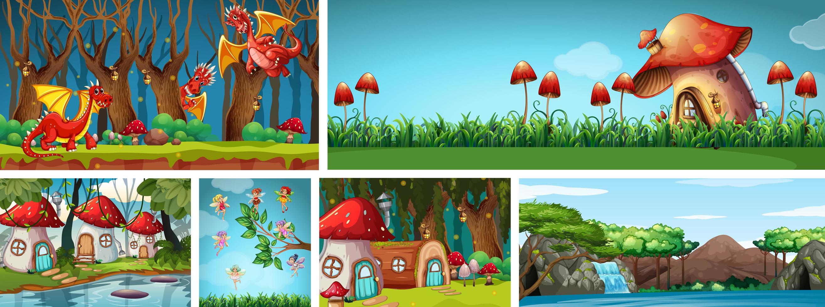 Six different scenes of fantasy world vector