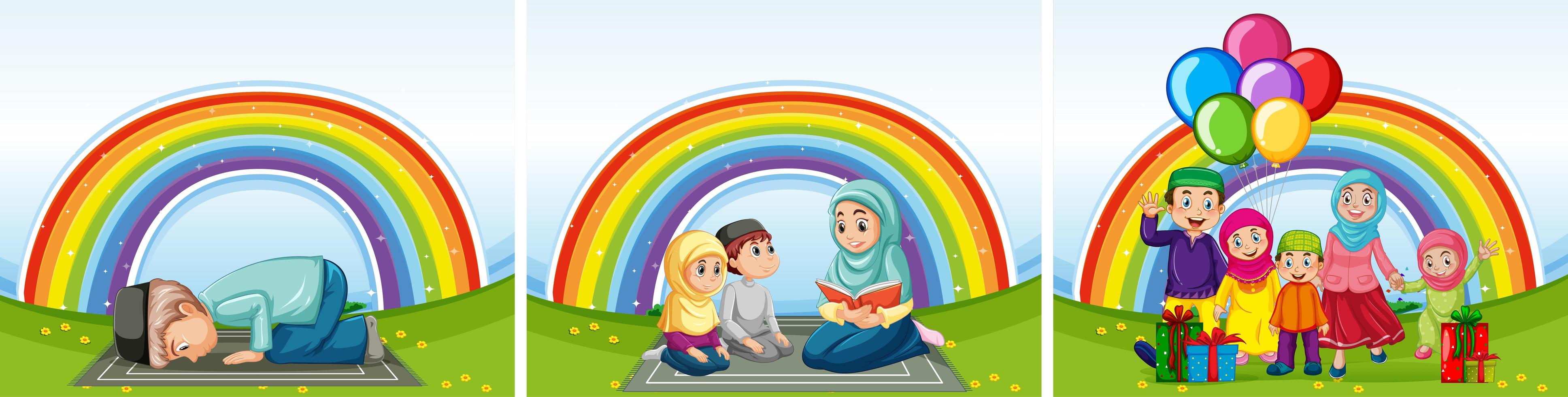 conjunto de familias árabes musulmanas y fondo de arco iris vector