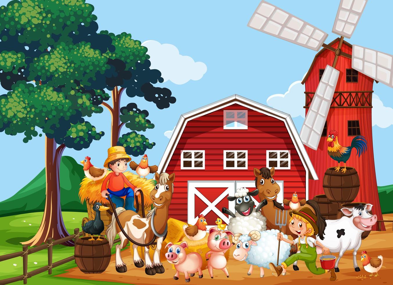 Farm scene with windmill and barn and animals vector