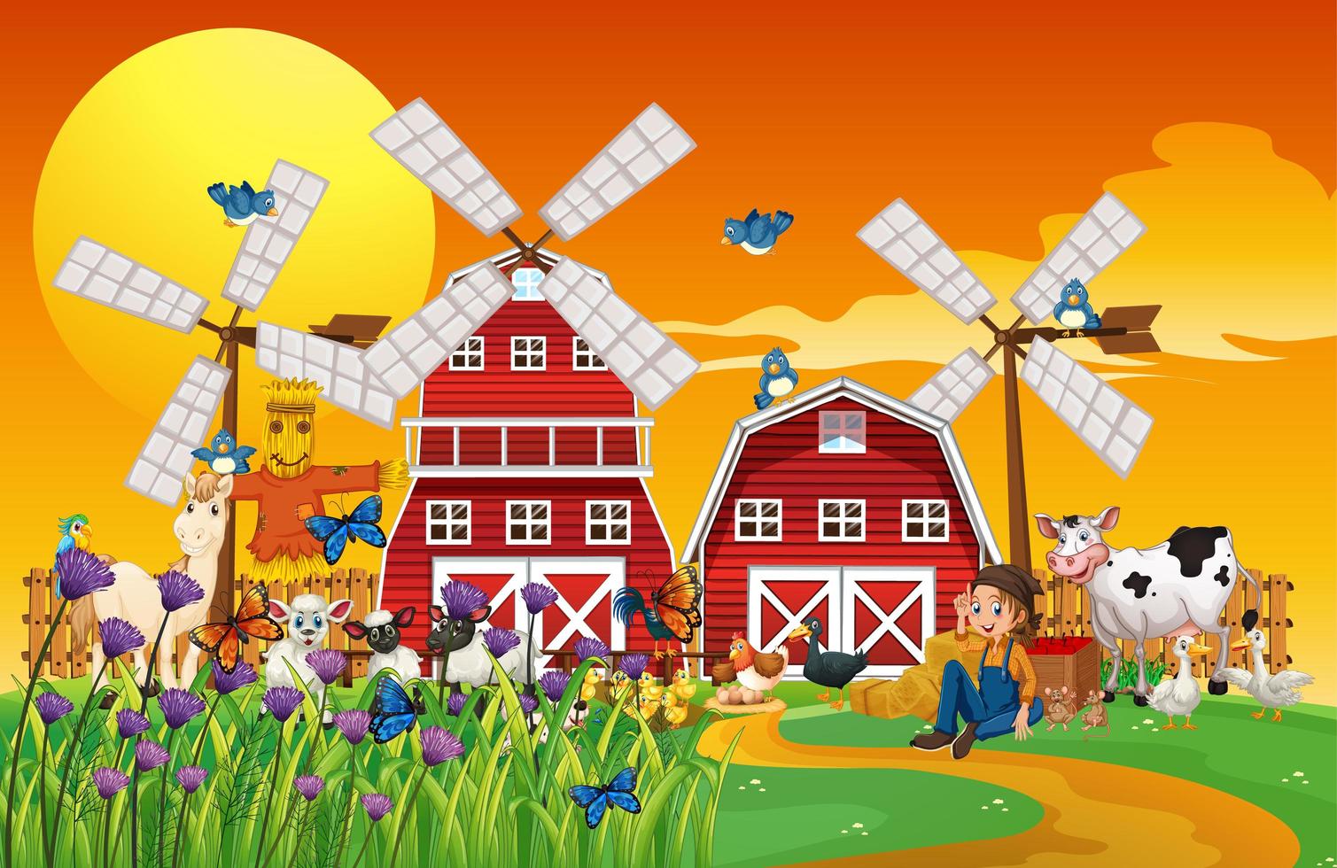 Farm in nature scene with barns and animals vector