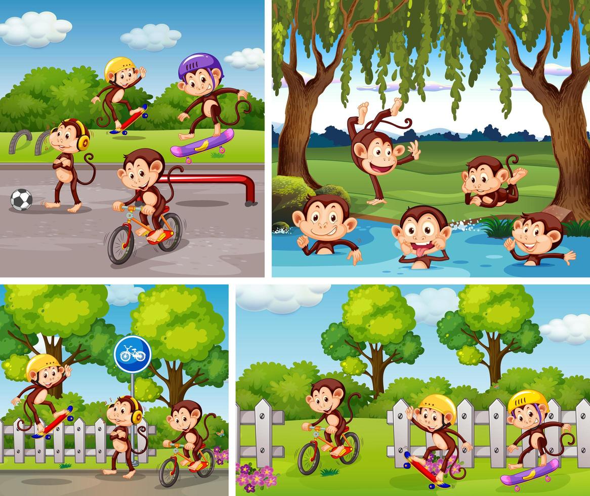 Set of monkeys in different outdoor scenes vector