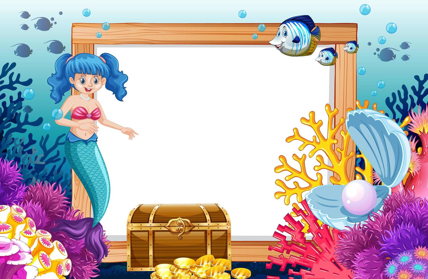 Mermaid and sea animal theme with blank banner vector