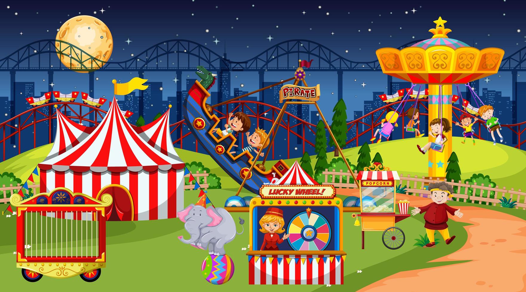 Amusement park scene at night with moon 1343975 Vector Art at Vecteezy