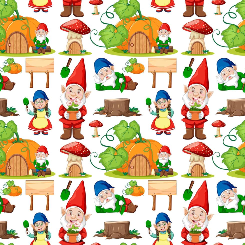 Gnome and pumpkin house seamless pattern in cartoon style vector