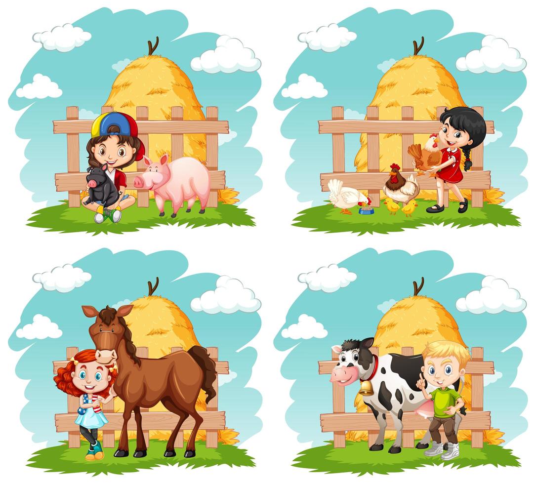 Happy children and farm animals set vector